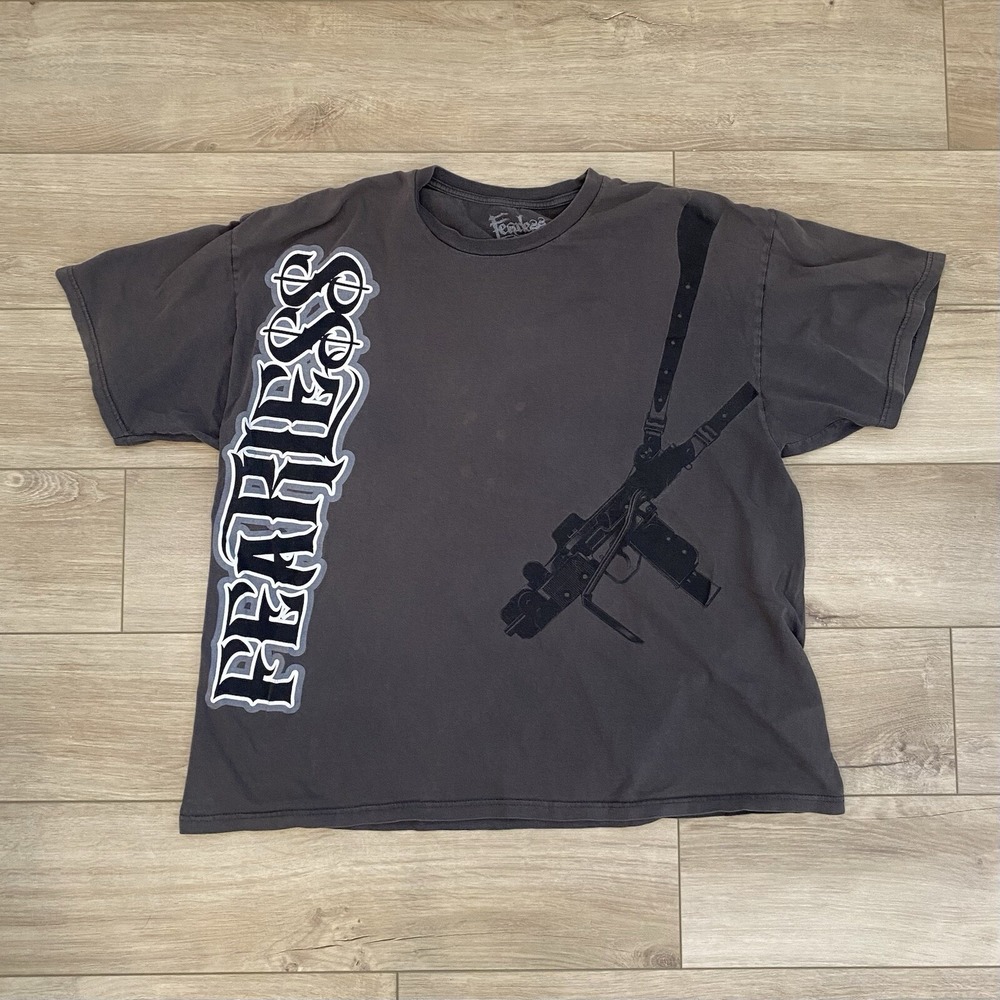 Vintage Y2K Fearless Mac-10 Gun T-Shirt Mens Size 2X Dark Gray Grunge Skater Tee